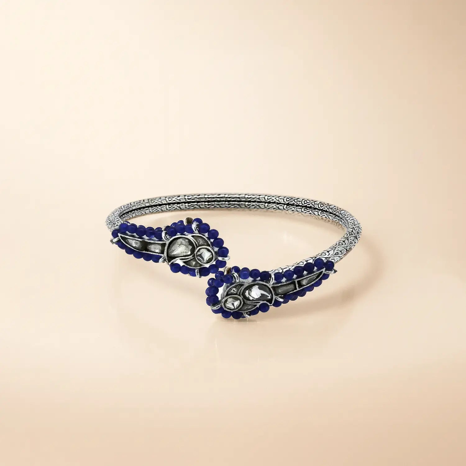 Antique Finish Silver Open Bracelet with Blue Bead Detailing - Made With Pure 925 Silver
